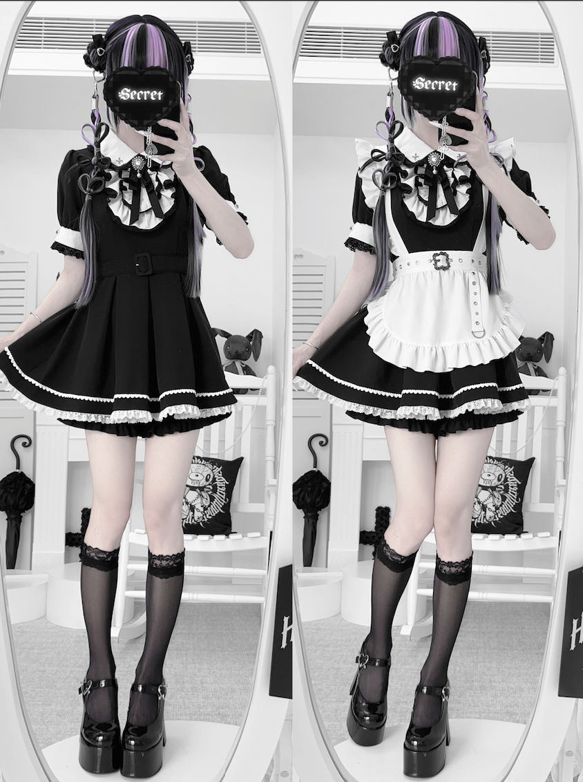 Maid Style Jirai Kei Dress Set, Pocketed Shorts + Apron – Honey