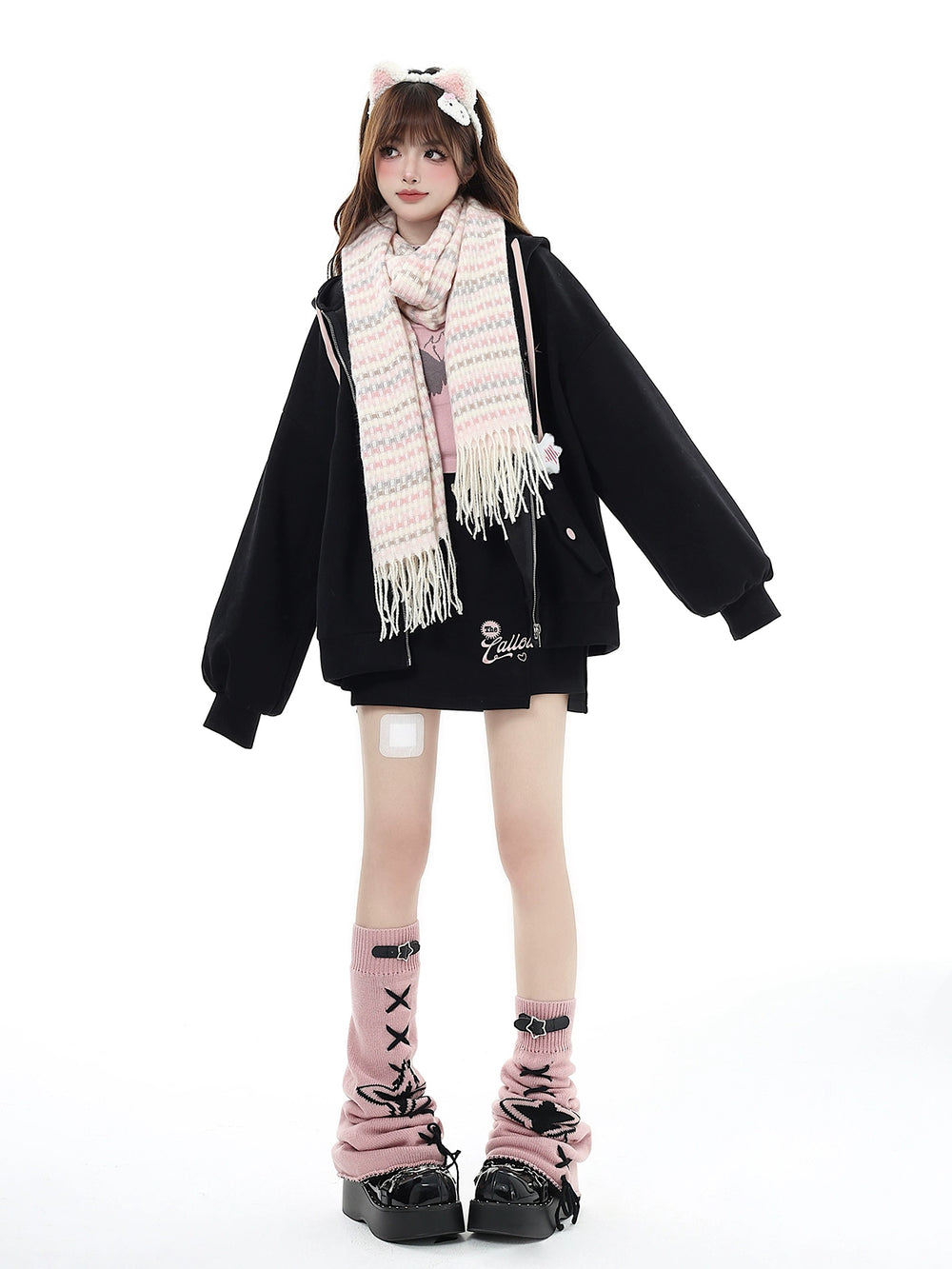 Kawaii Leg Warmmers Star Leather Buckle Socks Black White Pink 32458:423204 32458:423204