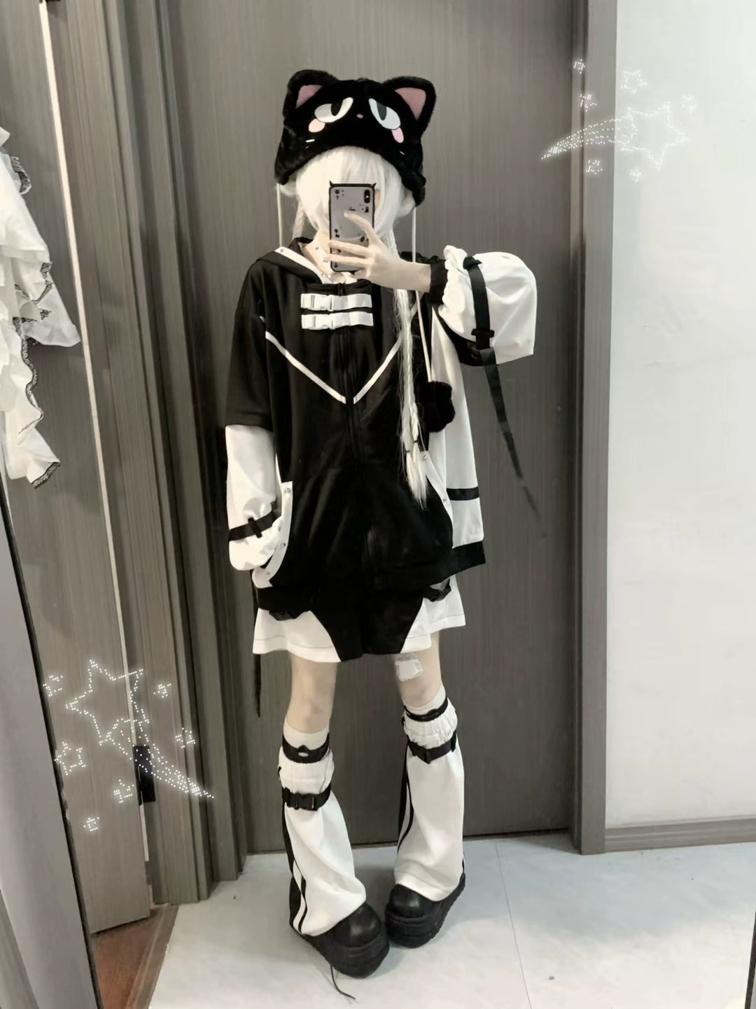 Cat Ears Jirai Kei Hoodie Jacket Black White Sports Full Set 41330:701100