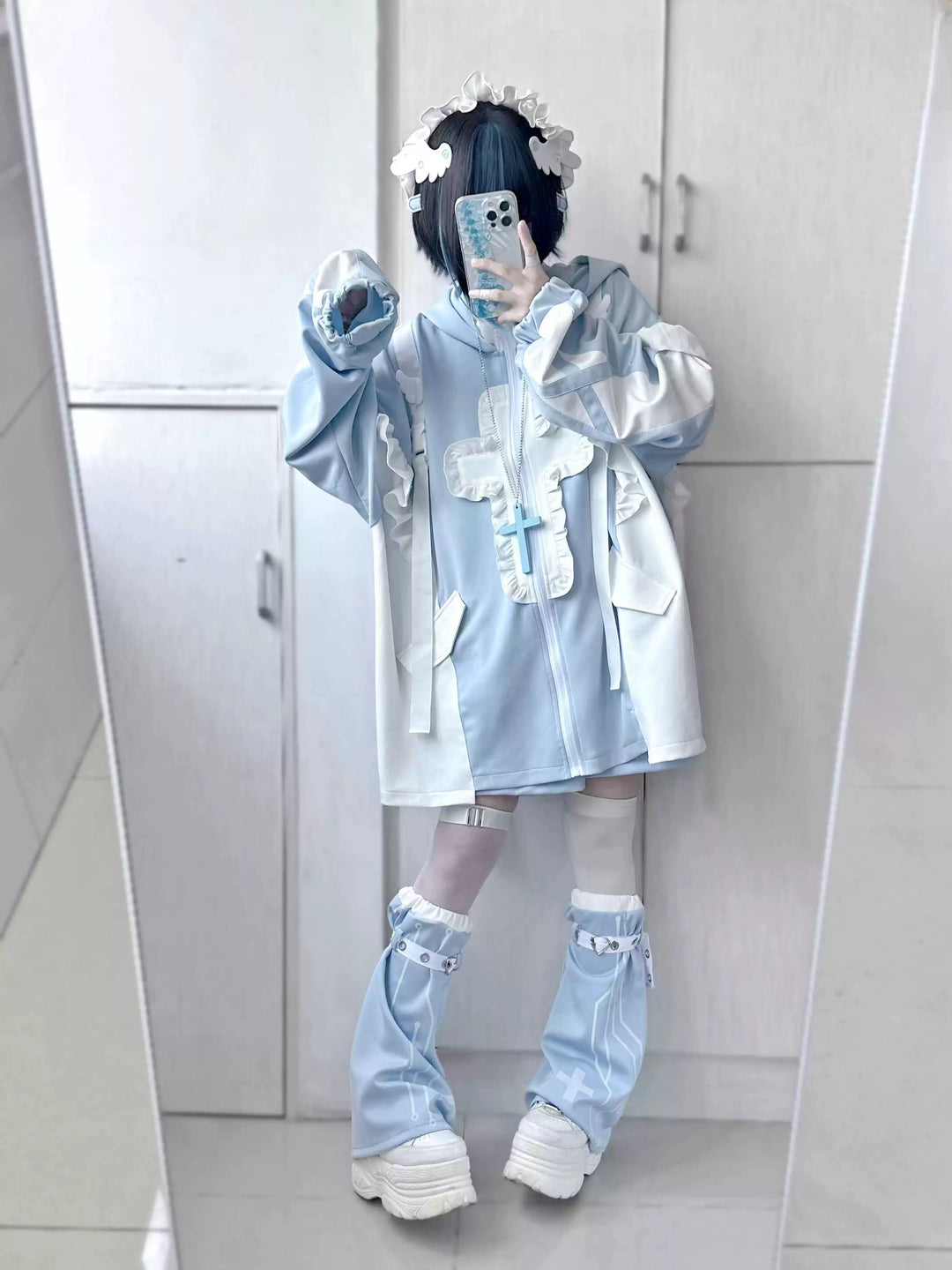 Tenshi Kaiwai Full Set Flounced Blue Cat Ears Coat & Shorts Set 39094:615442
