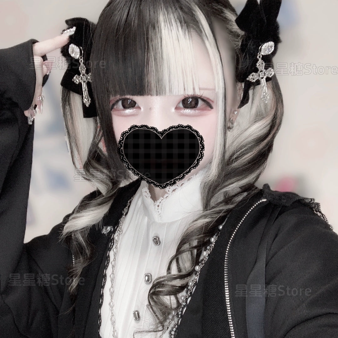 Jirai Kei Black Fluffy Hair Tie, Rhinestone and Cross 43870:791313