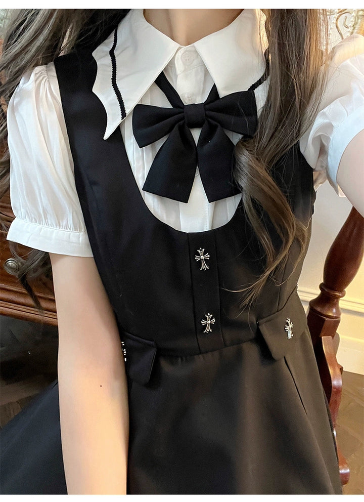 Jirai Kei Dress Black Lace Trim Overall Dress Puff Sleeves Blouse (L M S XL) 38160:580912