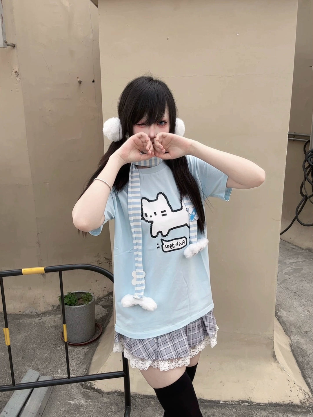 Water Blue Jirai Kei Cotton T-Shirt with Pixel White Cat Print 42853:755380
