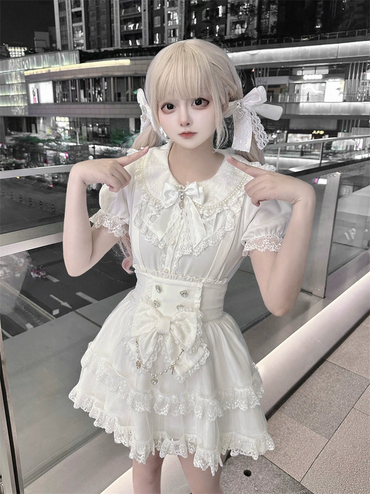 White Ryousangata Suspender Skirt, Peter Pan Collar Blouse (L M S) 43475:777747