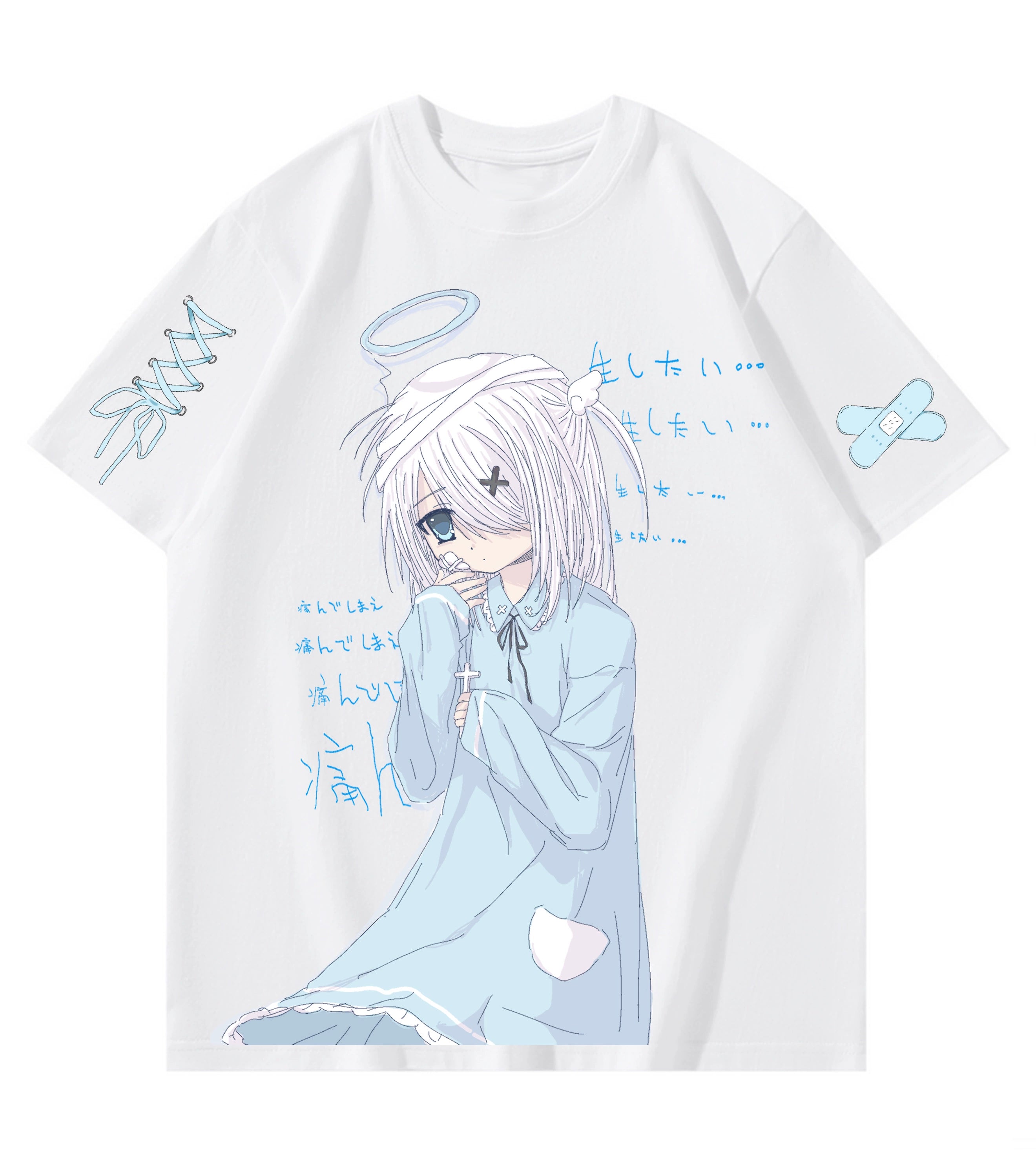 トップス kei Jirai Kei White Blue Short-sleeved T-shirts – Honey Wardrobe