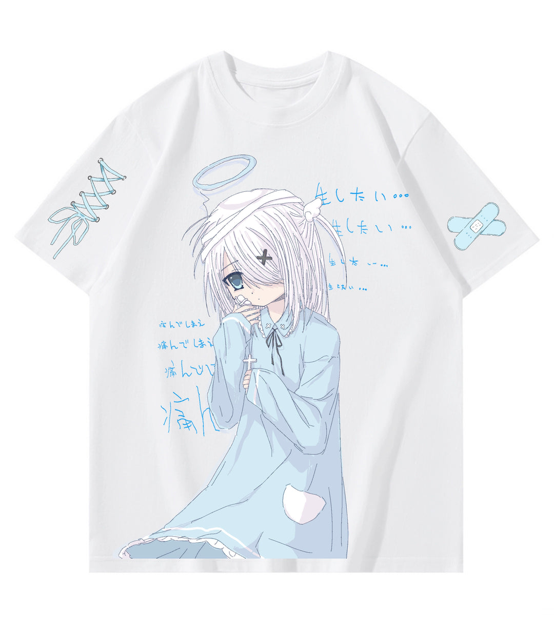 Jirai Kei White Blue Short-sleeved T-shirts (2XL 3XL L M S XL / White) 29224:343270 (2XL 3XL L M S XL / White) 29224:343270