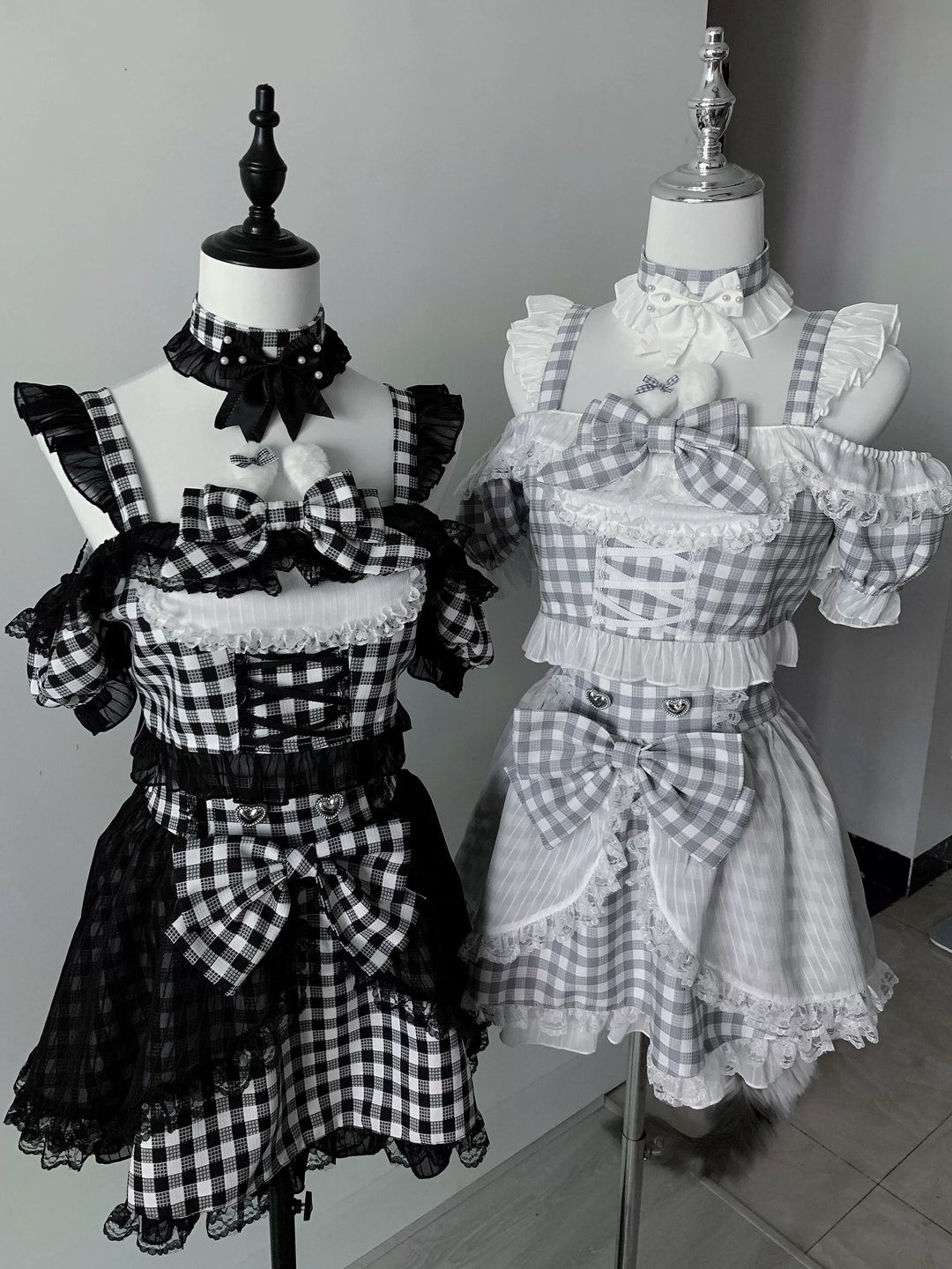 Plaid Stage Jirai Kei Outfit, Furry Bunny Ear Blouse, Skirt 43614:780902
