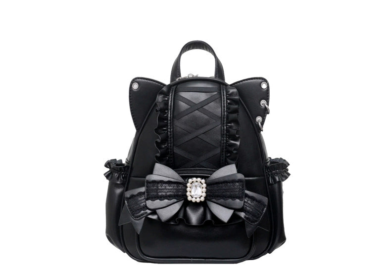 cat ear leather backpack Jirai Kei Black Cat Ear Backpack With Beaded and Rhinestone Bow