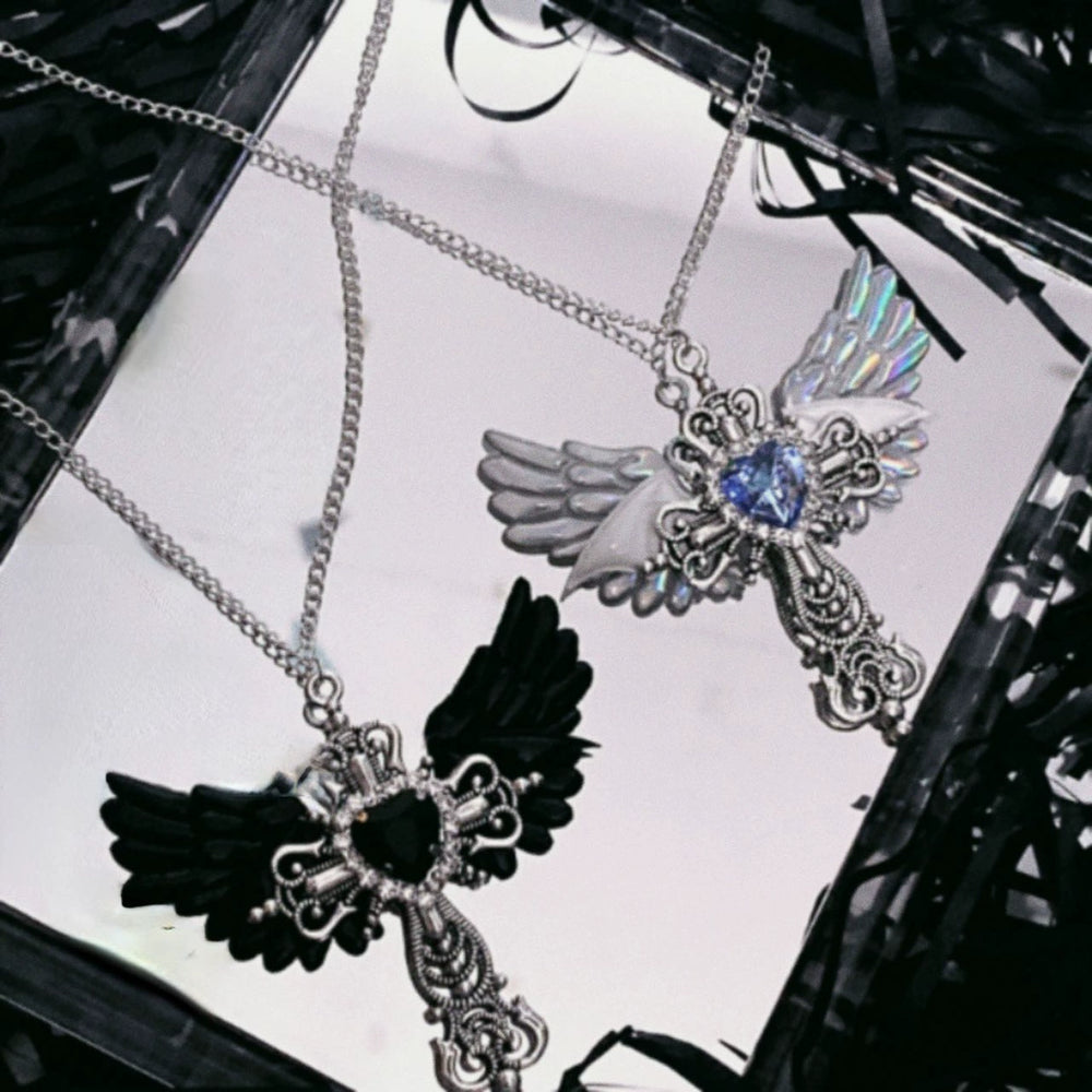 Y2K Jirai Kei Necklace Angel Cross Sweater Chain (black) 29316:356136