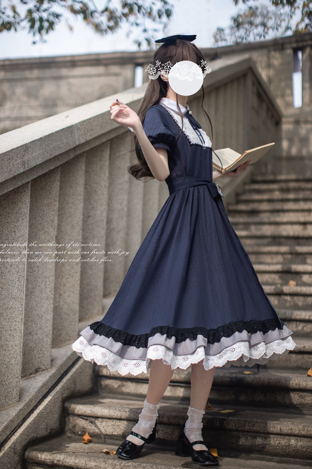 Navy Preppy Style Long Dress, Peter Pan Collar 43648:782303