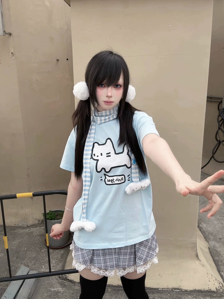 Water Blue Jirai Kei Cotton T-Shirt with Pixel White Cat Print 42853:755390