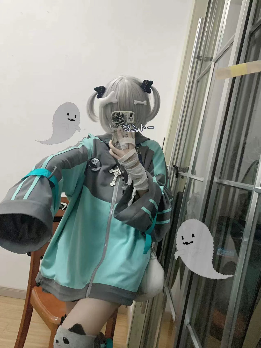 Plus Size Jirai Kei Jacket Grey Green Sports Hoodie 33332:451454
