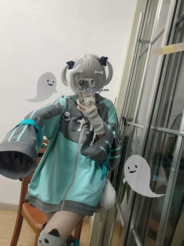 Plus Size Jirai Kei Jacket Grey Green Sports Hoodie 33332:451454