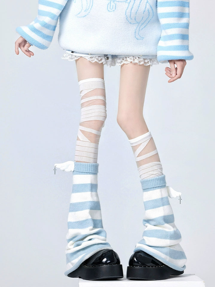 Tenshi Kaiwai Leg Warmers White Blue Stripes Socks 36512:530052