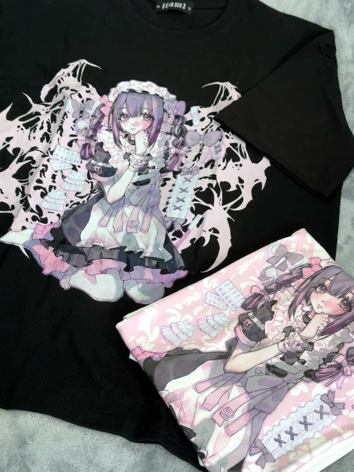 Cotton Jirai Kei Oversized T-shirt With Anime Girl Prints 43061:764137