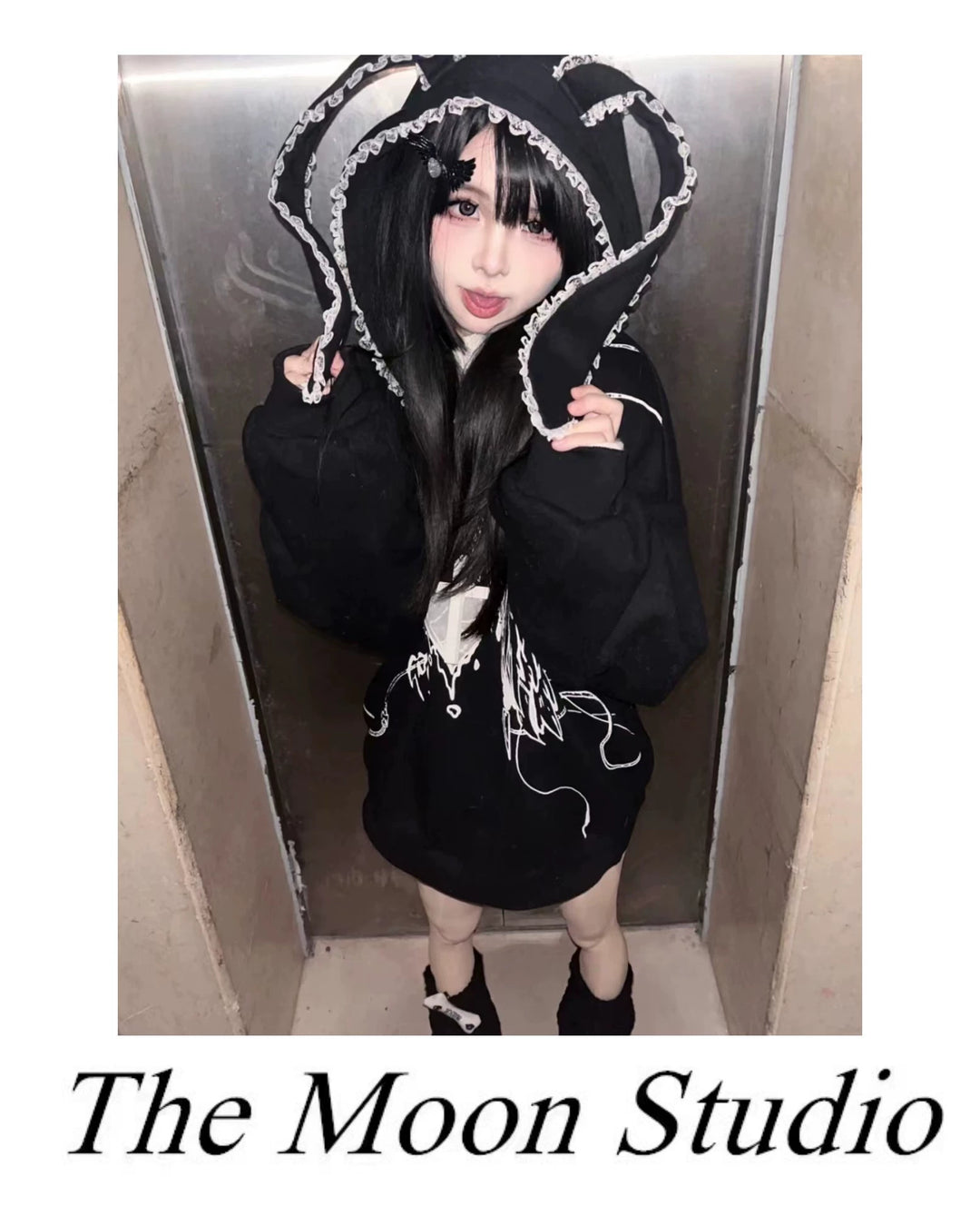 Punk Hoodie Y2K Black Hoodie With Bunny Ear Hood 39684:633808