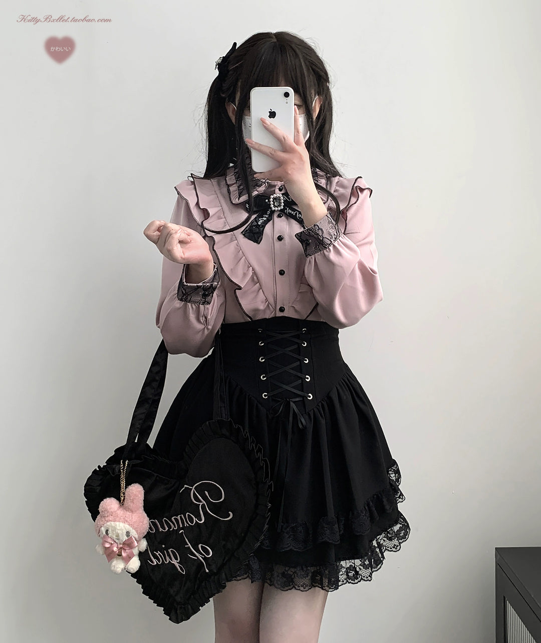 Jirai Kei Blouse With Ruffle Lace Collar and Cuffs 36784:768922