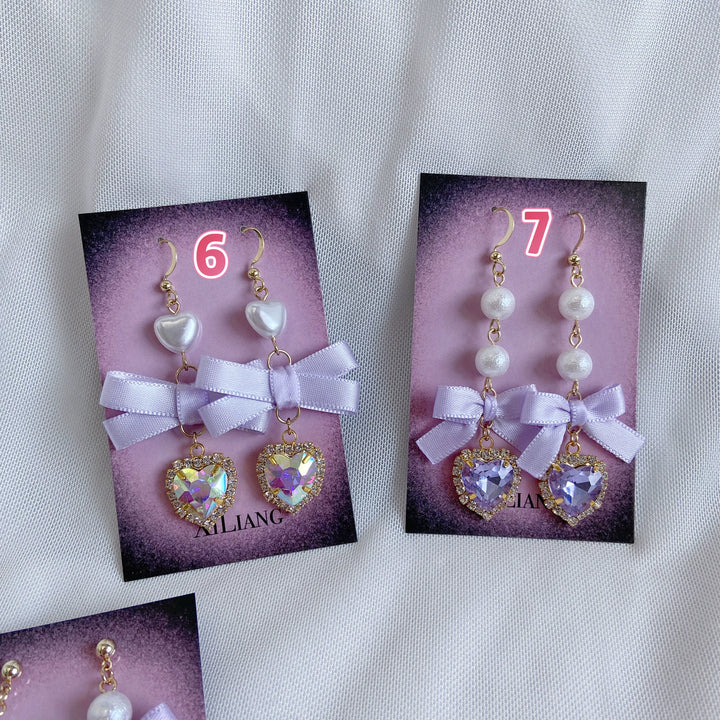 Purple Jirai Kei Earrings with Ribbon Bow Rhinestone & Pearl Detail 41730:712118