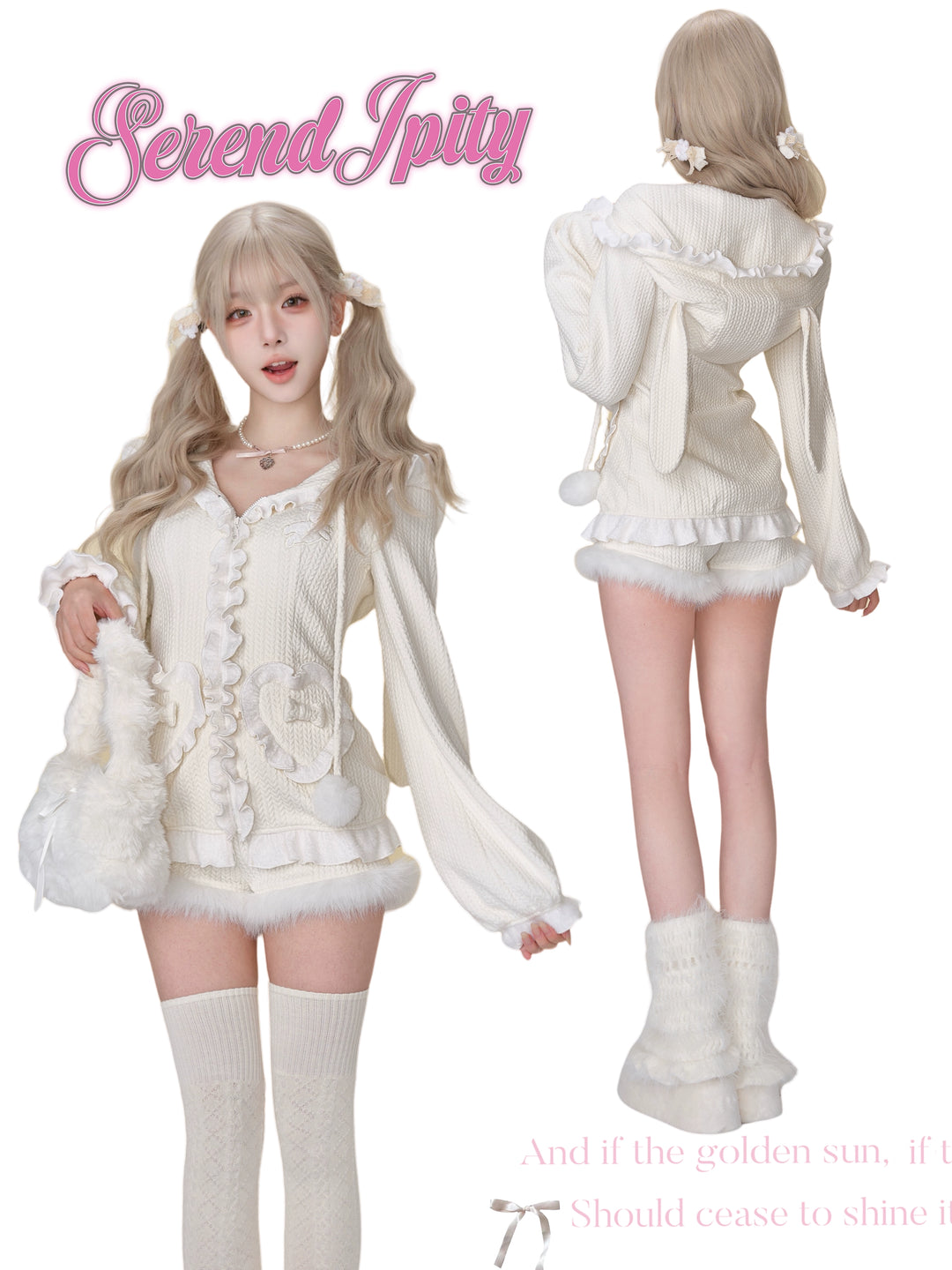 Kawaii Cardigan White Knitted Bunny Hoodie And Shorts 41128:692122
