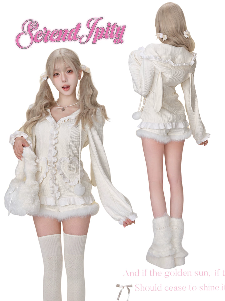 Kawaii Cardigan White Knitted Bunny Hoodie And Shorts 41128:692122