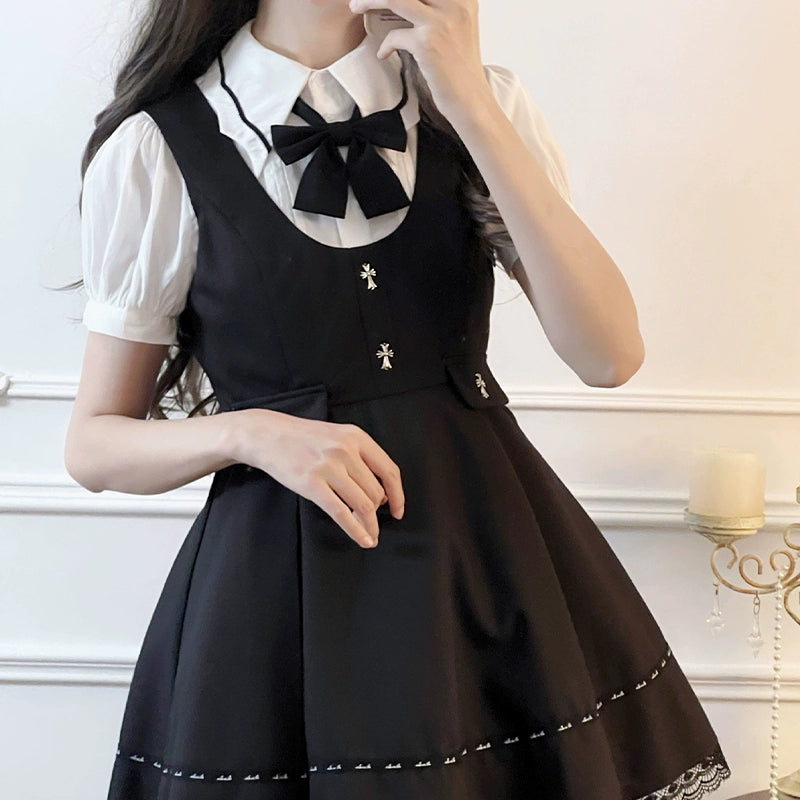 Jirai Kei Dress Black Lace Trim Overall Dress Puff Sleeves Blouse (L M S) 38160:580936