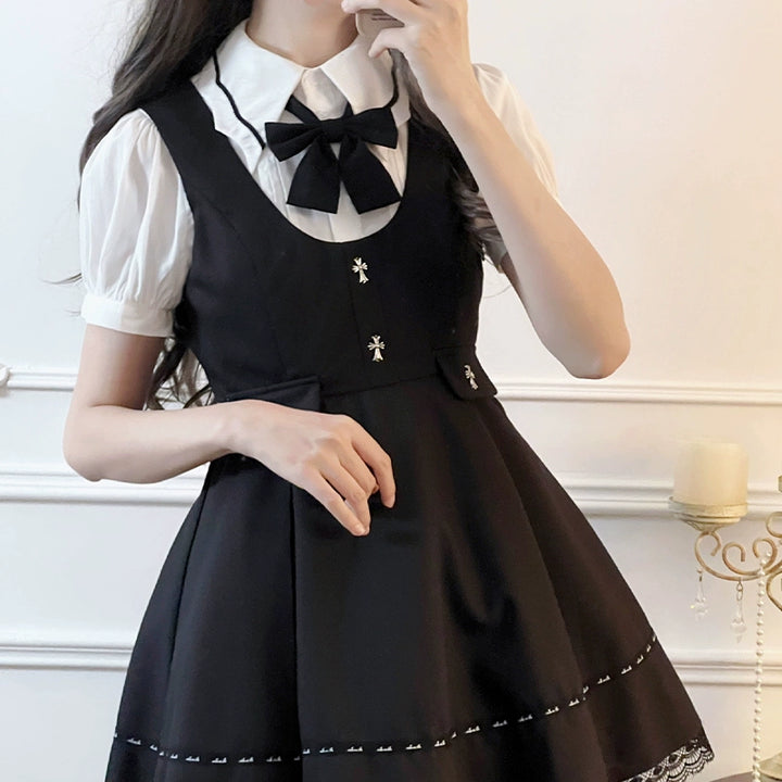 Jirai Kei Dress Black Lace Trim Overall Dress Puff Sleeves Blouse (L M S) 38160:580936