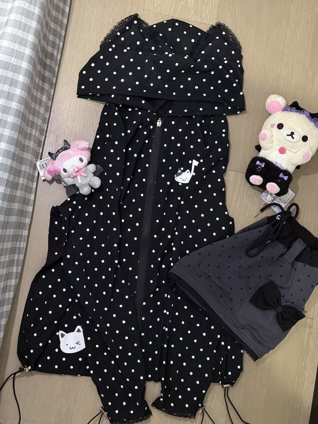 Kawaii Cotton Shorts Gray Shorts with Polka Dot and Bow 42806:753987
