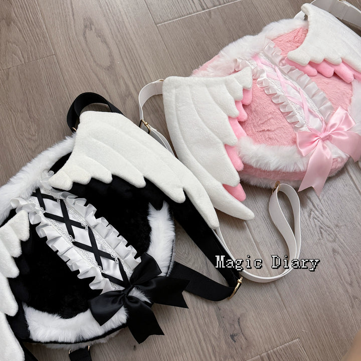 Black & Pink Jirai Kei Plush Bag with Angel Wings 43029:762408