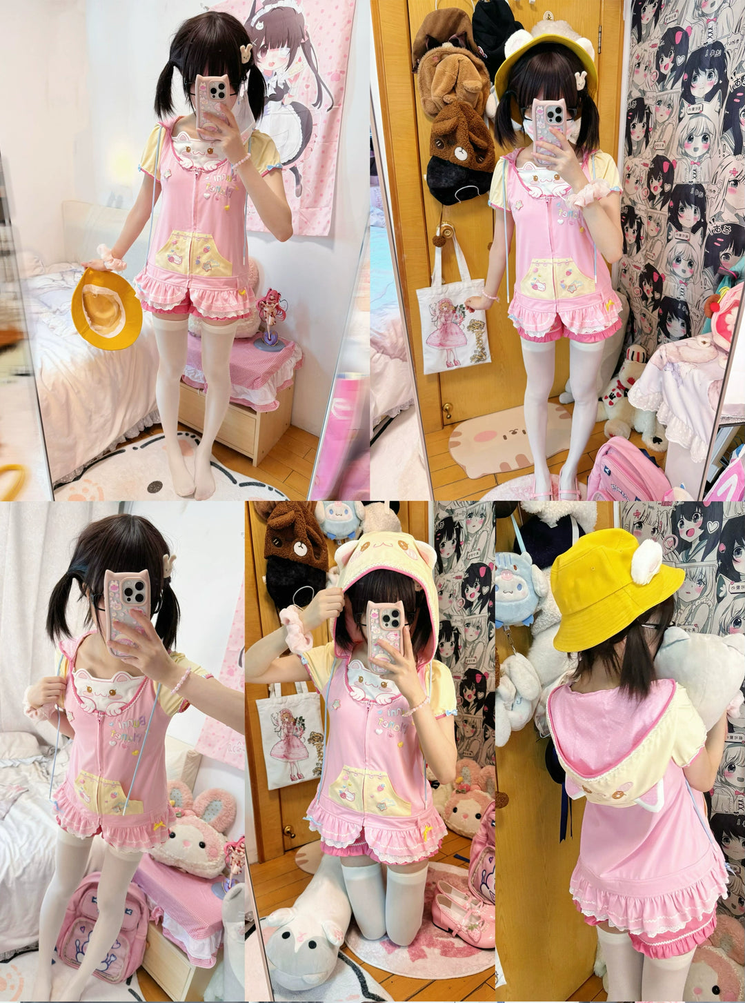 Kawaii T-shirt With Cat Ear Hood and Detachable Collar Flap 43031:762440