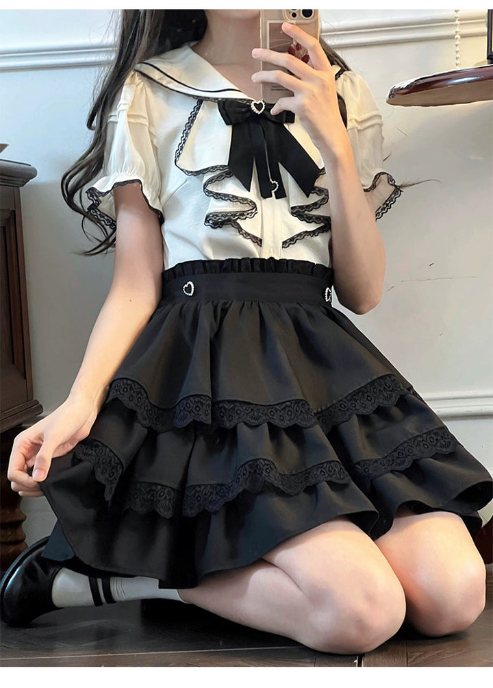Jirai Kei Sailor Collar Blouse + Tiered Ruffles Skirt (L M S XL) 38158:580856