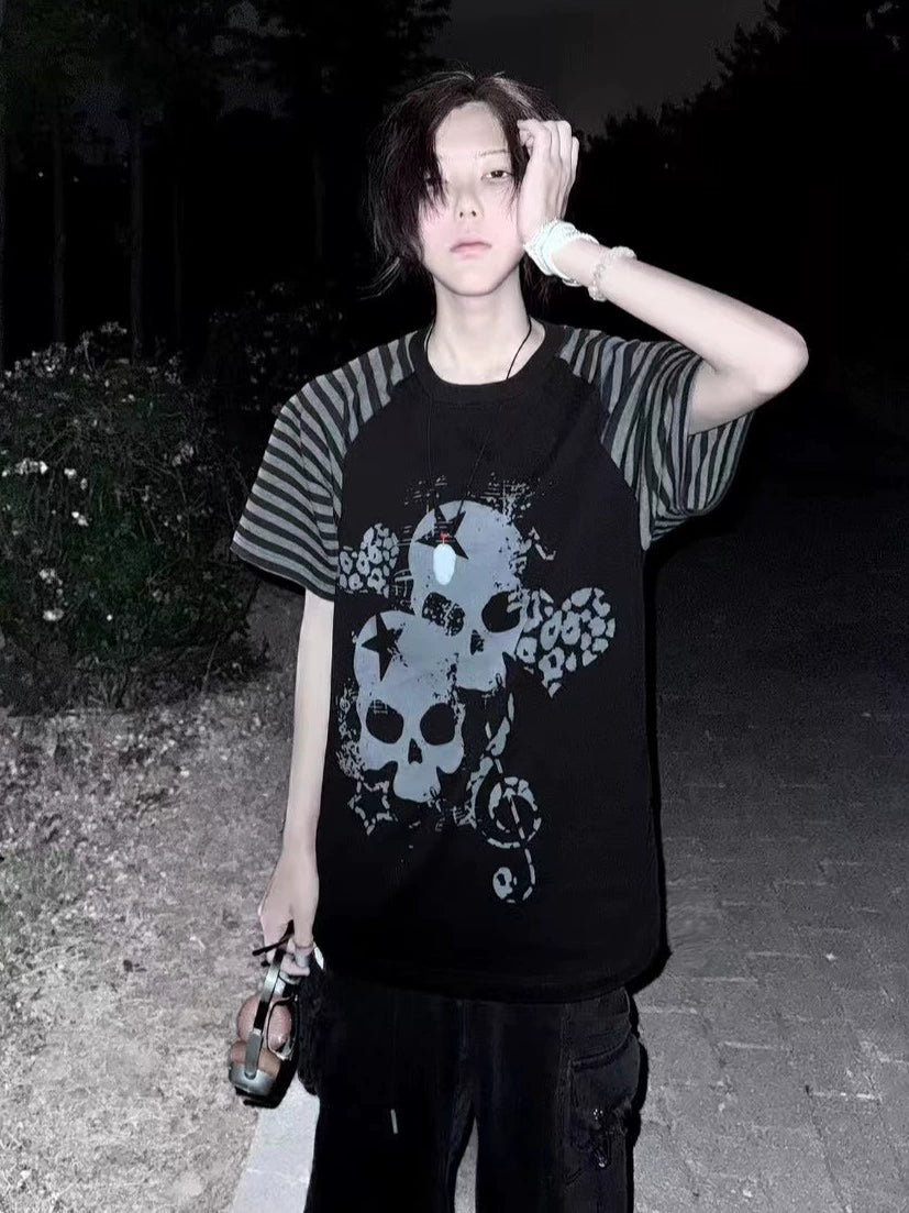 Cotton Subculture T-shirt, Gothic Skull & Leopard Heart Print 43225:771669