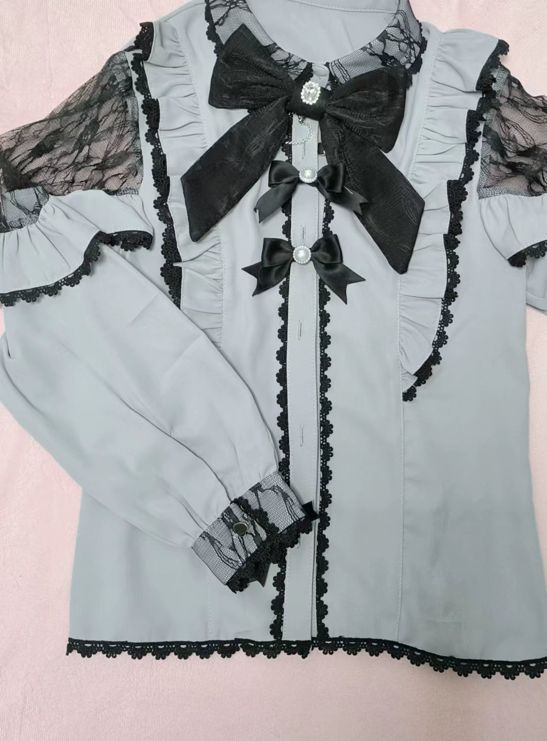 Lace Cut-Out Jirai Kei Blouse + Black Long High-Waist Lace-Up Skirt (2XL L M S XL) 41720:711558