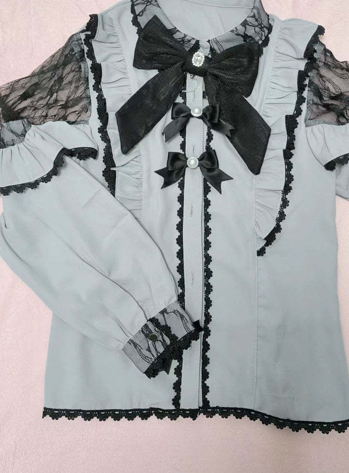 Lace Cut-Out Jirai Kei Blouse + Black Long High-Waist Lace-Up Skirt (2XL L M S XL) 41720:711558