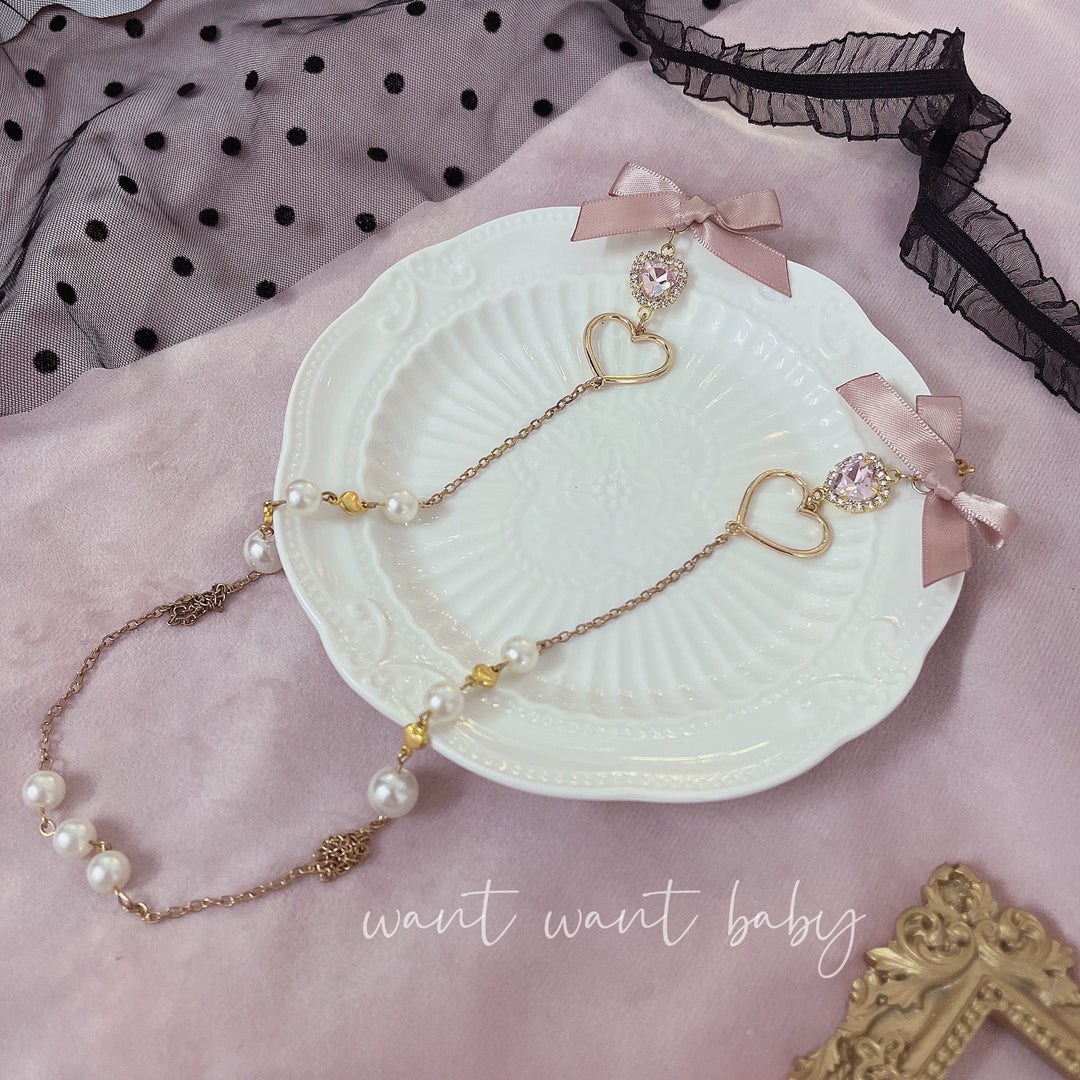 Jirai Kei Glasses Pearl Chain Rhinestone Bow Hanging Rope (Pink) 38884:613294