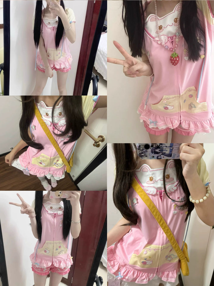 Kawaii T-shirt With Cat Ear Hood and Detachable Collar Flap 43031:762441