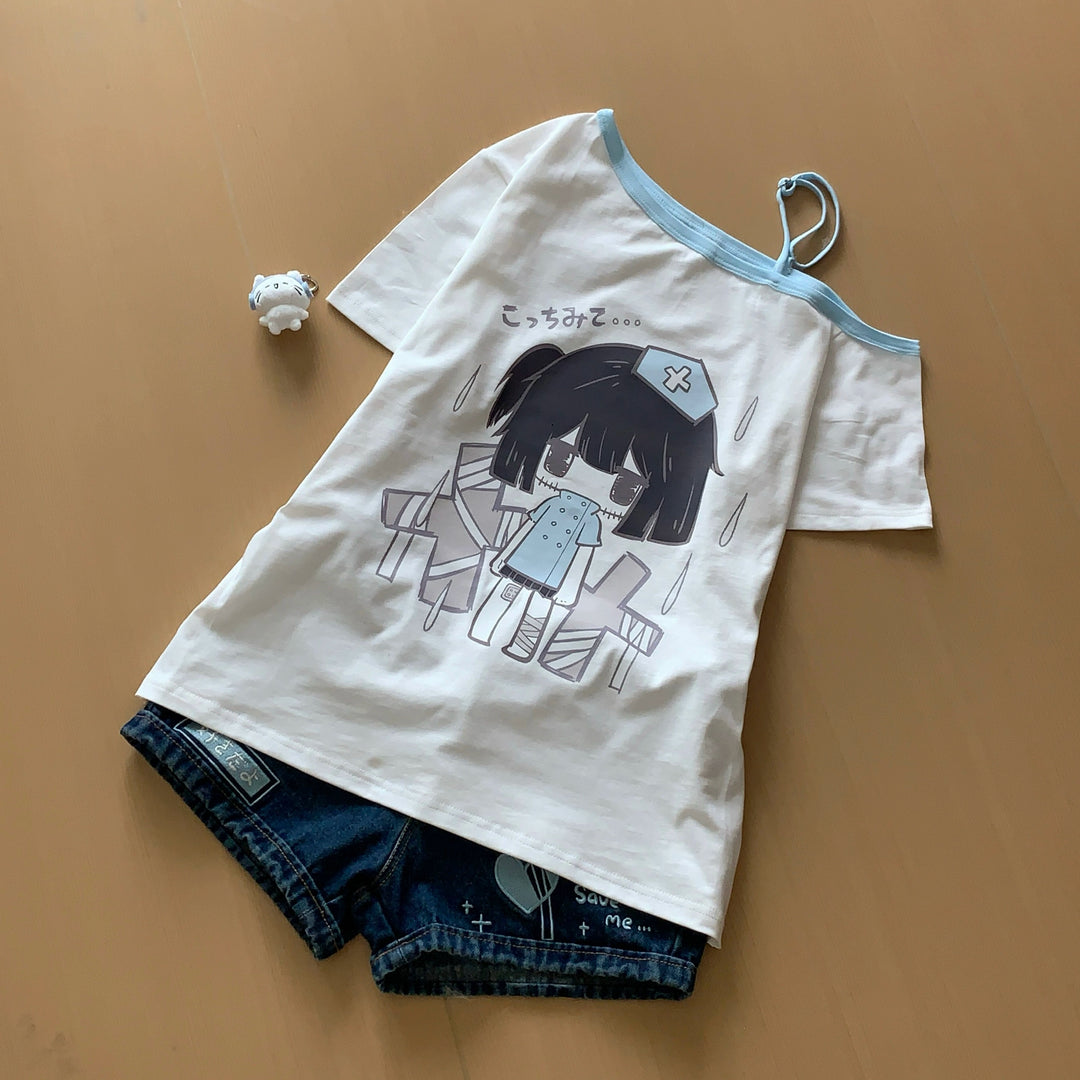 Yami Kawaii Otaku Off-Shoulder T-Shirt with Adjustable Strap (L M S) 42903:757272