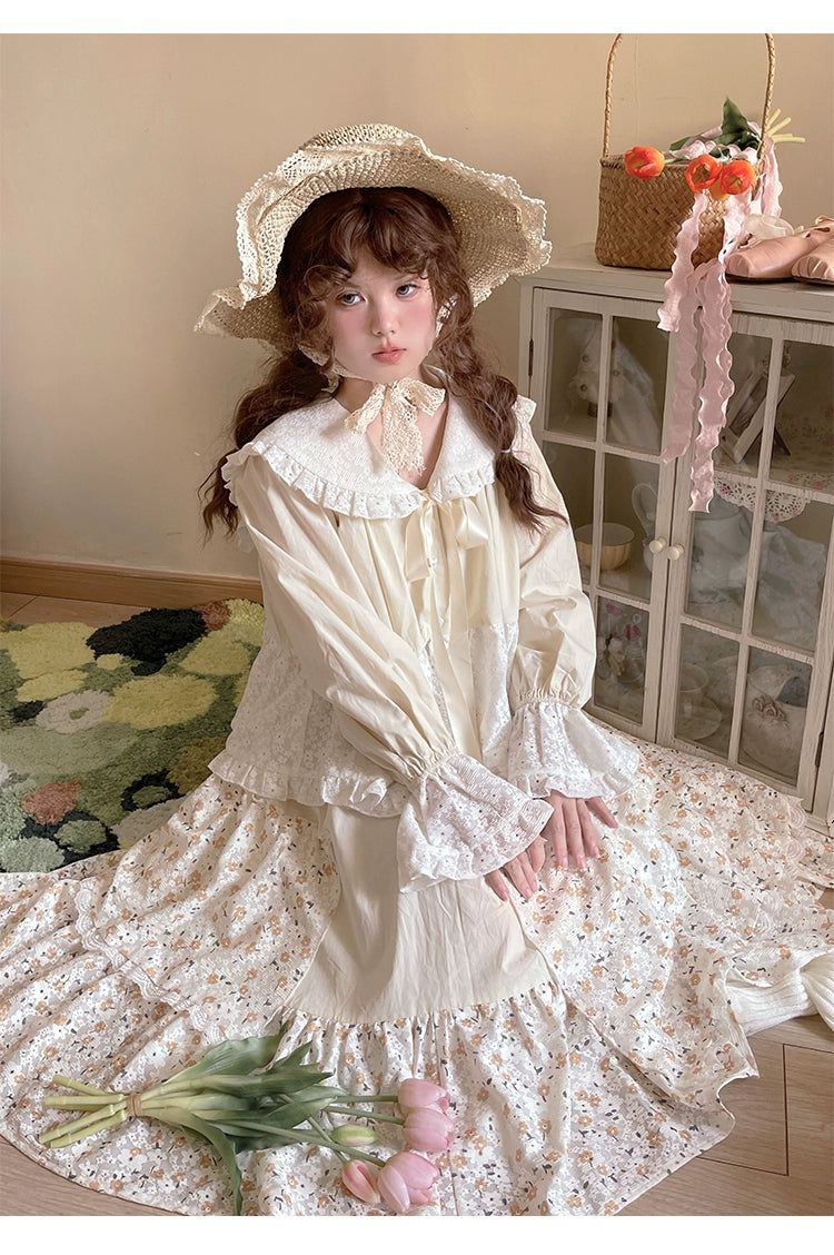 long sleeve sailor dress Mori Kei Shirt Sailor Collar Long Sleeve Floral Blouse Blue / One Size