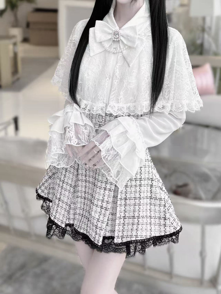 Princess-sleeved Jirai Kei Blouse with Built-in Lace Cape 42543:744687