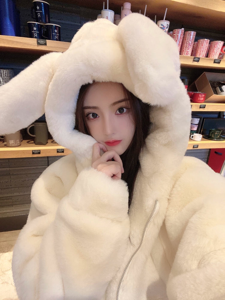 Jirai Kei Winter Coat Thick Fleece Hooded With Cute Bunny Ears Honey Wardrobe