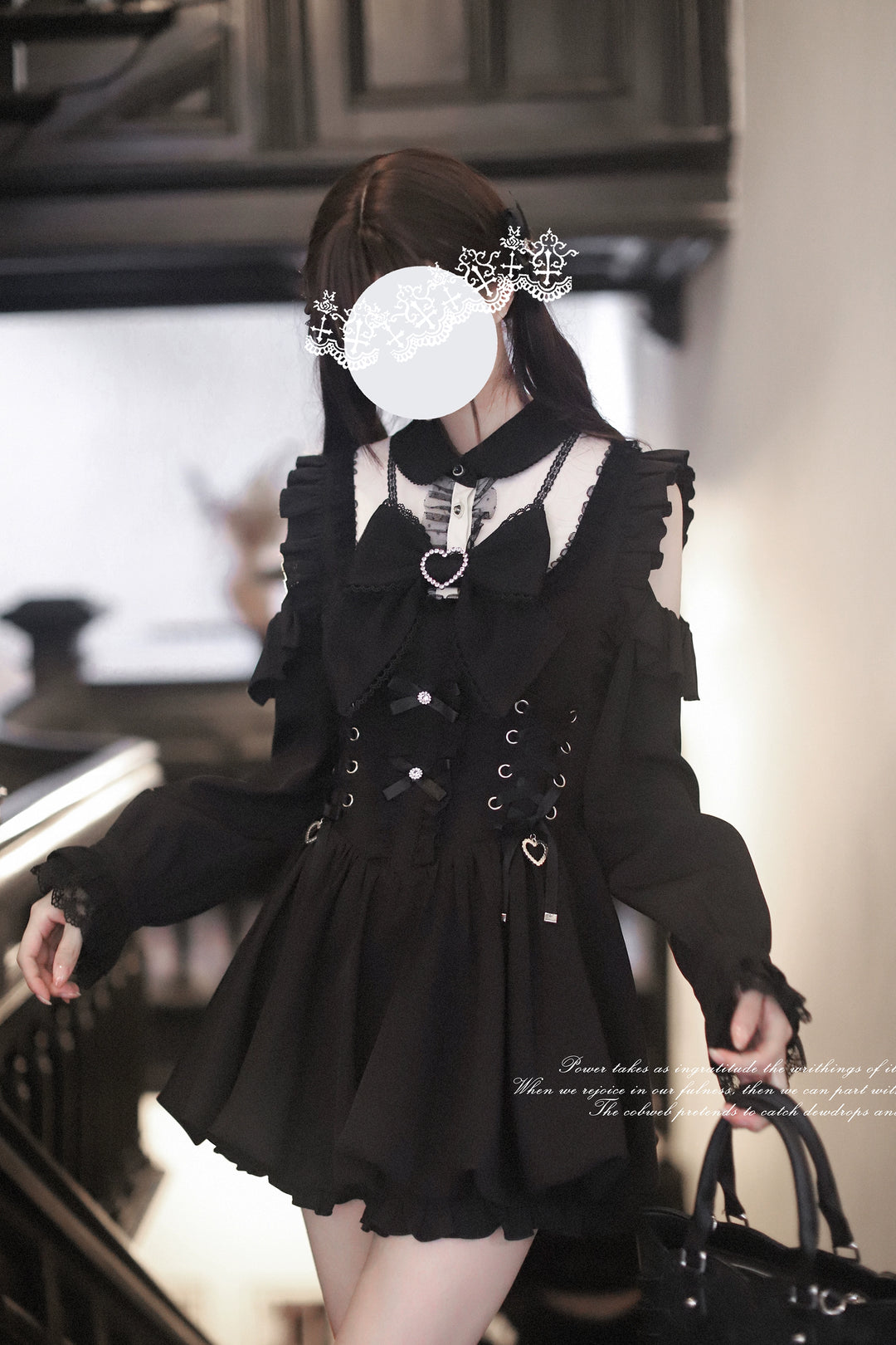 Jirai Kei Open-Shoulder Dress, Lace-Up Waist (L S) 44040:793864