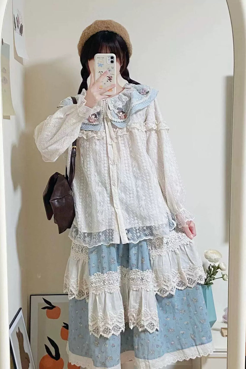 Mori Kei Skirt Cottagecore Floral Skirt Lace Patchwork Dress 39256:619452