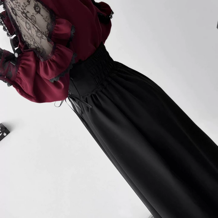 Lace Cut-Out Jirai Kei Blouse + Black Long High-Waist Lace-Up Skirt 41720:711564
