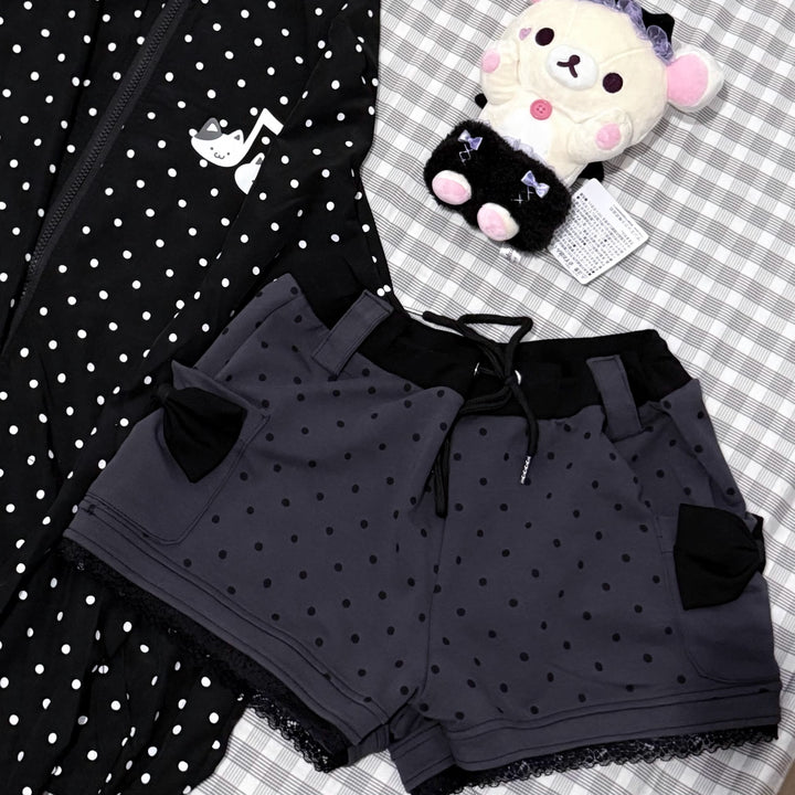 Kawaii Cotton Shorts Gray Shorts with Polka Dot and Bow (L M S) 42806:753986