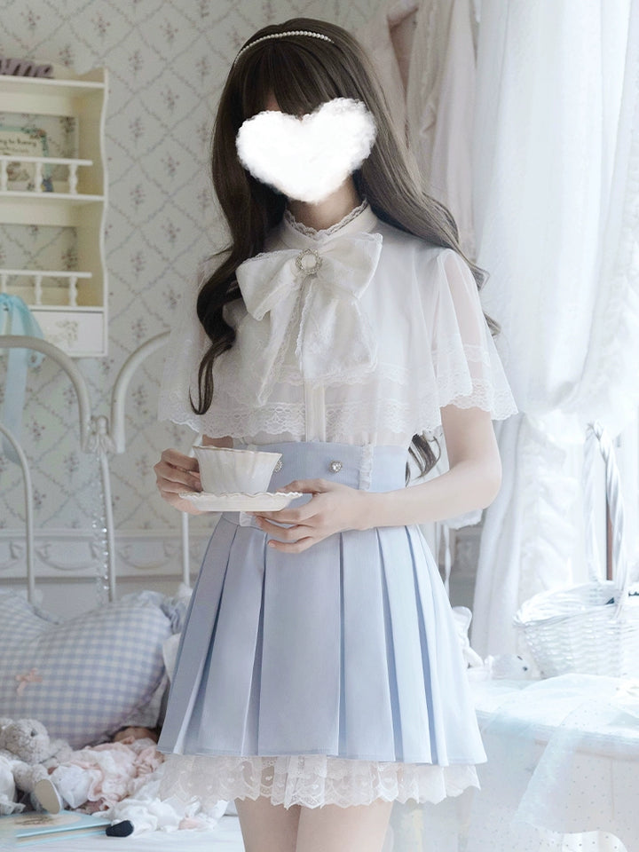 White Ryousangata Cape Blouse, BLue Pleated Skirt, Bow Tie (L M S) 43066:764266