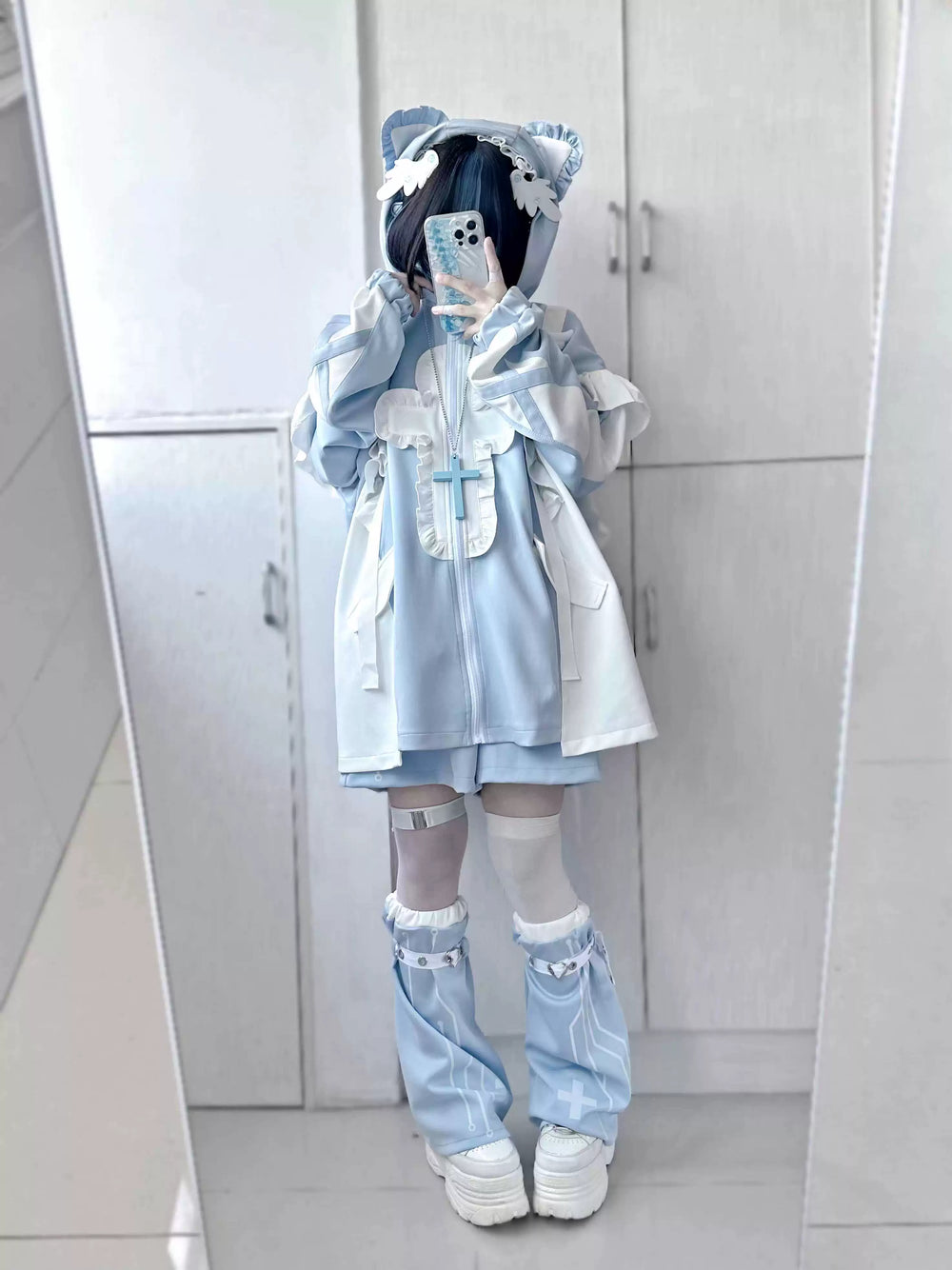 Tenshi Kaiwai Full Set Flounced Blue Cat Ears Coat & Shorts Set (M S) 39094:615412