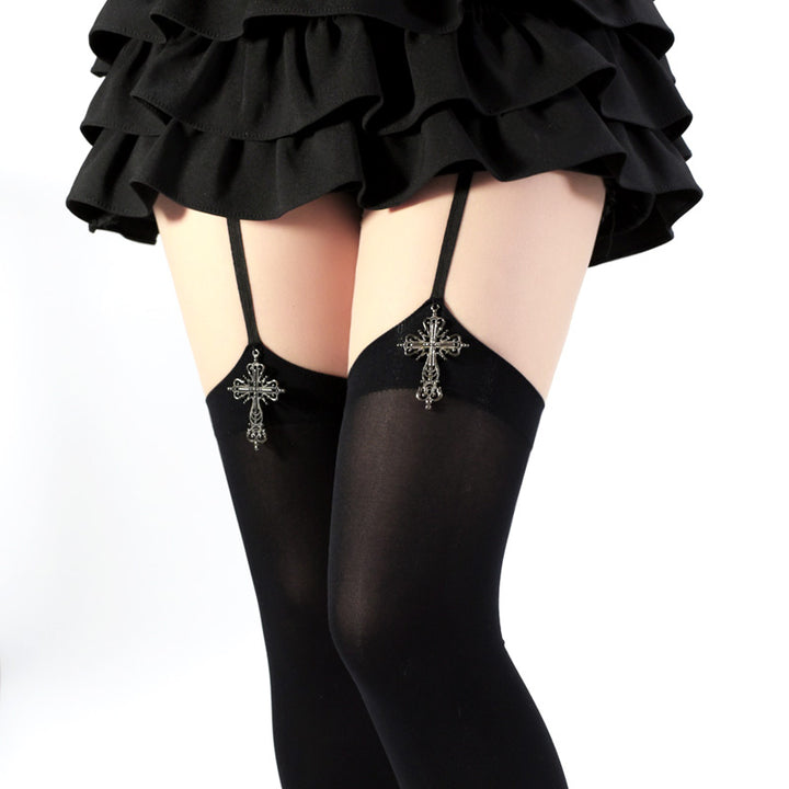Solid Lolita Garter Stockings Velvet Socks with Cross Pendants 42603:746259