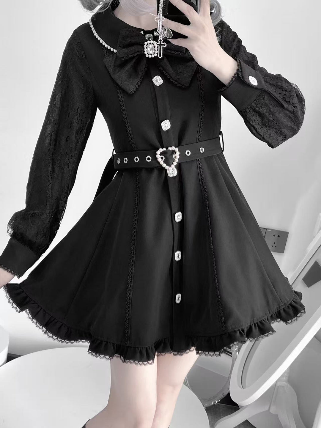 Long Sleeved Jirai Kei Dress with Detachable Cape & Pearl Bow 42783:752956