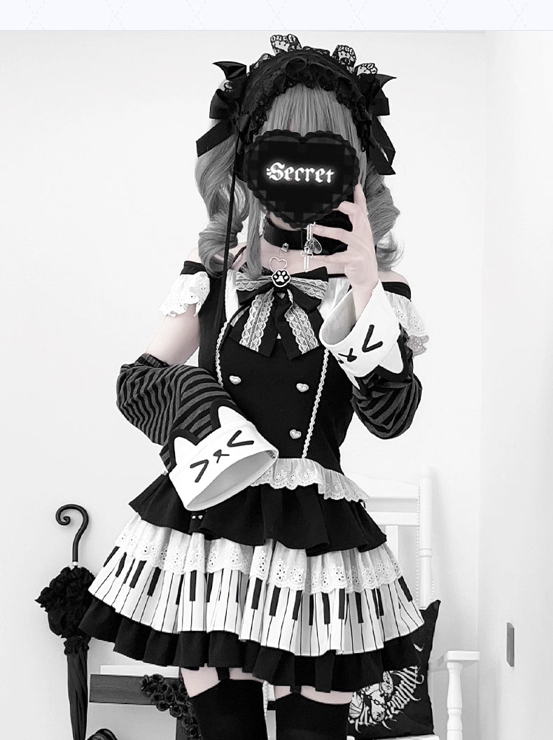Halter Neck Kawaii Skirt Set, Cat and Piano Print 43577:780189