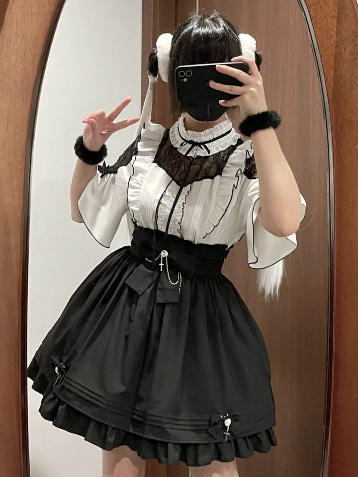 Lace Shoulder Jirai Kei Blouse + High Waist Skirt, Cross Pendant (2XL 3XL L M S XL XS) 35596:538238