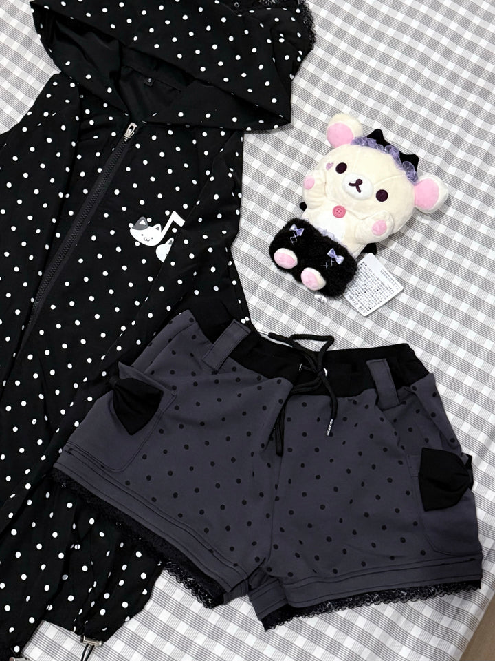 Kawaii Cotton Shorts Gray Shorts with Polka Dot and Bow 42806:753985